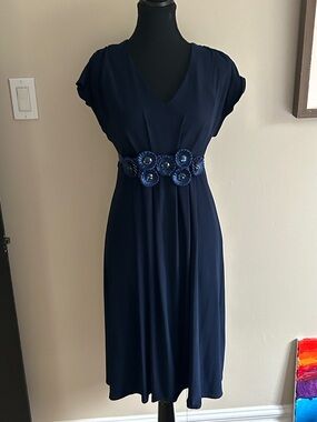 Navy V-Neck Midi Dress with Floral Waist Detail